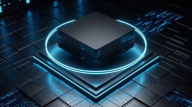 Sleek matte black computer hardware server tower units centered perfectly within glowing vibrant blue neon light rings on metal platforms