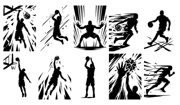 Basketball Players Action Grunge Silhouette Black White Vector Posters