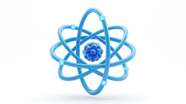 Modern 3D atom model with glowing blue electrons for scientific presentations and education
