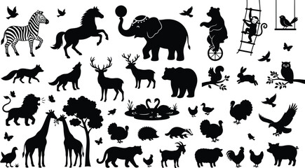 Fototapeta premium Wild and Farm Animal Silhouette Collection Featuring Black Vector Stencils of Circus Performers Forest Wildlife Safari Mammals and Domestic Poultry Design Elements
