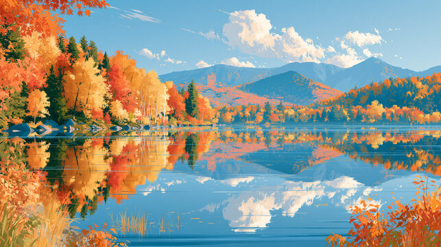 紅葉に彩られた湖畔の美しい風景と鏡のような反射