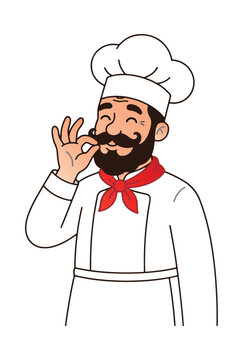 Cute Cartoon Chef Character &ndash; Smiling Italian Cook Making Delicious Sign Vector Illustration