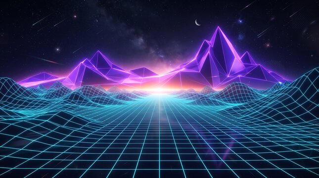 Futuristic synthwave landscape glowing purple neon mountains under starry sky