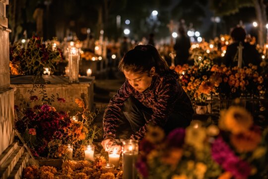 Todos los Santos bei Kerzenlicht: Ein junges M&auml;dchen entz&uuml;ndet nachts auf einem blumengeschm&uuml;ckten Friedhof eine Kerze und erinnert still an verstorbene Angeh&ouml;rige.