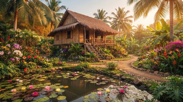 Tropical bamboo stilt house surrounded by lush flower garden and water lily pond 3D illustration