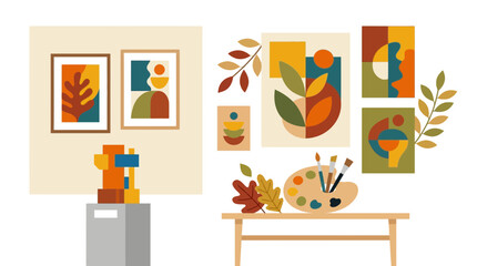 Fototapeta premium Abstract Art Gallery with Geometric Shapes and Autumn Leaves