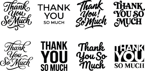 Fototapeta premium Collection of hand drawn thank you so much lettering designs for greeting cards and social media posts