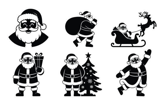Santa Claus Christmas holiday vector silhouette icon set black white