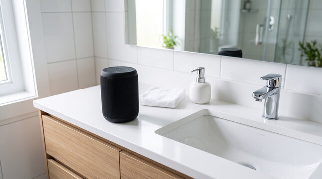 Black smart speaker placed on a modern white bathroom vanity counter with sink and mirror