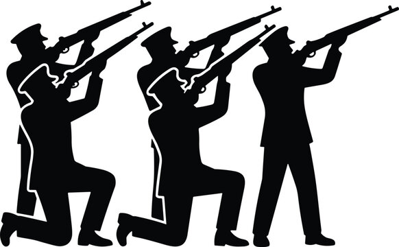 Black silhouette illustration of a military honor guard firing rifles in a gun salute on white background.
