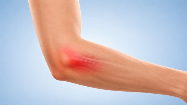 Tennis elbow shown in premium minimal medical CGI with localized lateral elbow pain and subtle extension into the forearm on a clean pale blue clinical background.