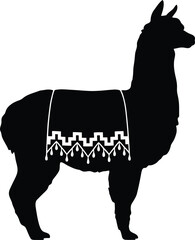 Naklejka premium A black silhouette of a llama with patterned textile adornment is displayed on white background silhouette