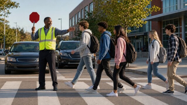 Crossing guard in yellow vest directing students across a crosswalk with stop sign, cars waiting in the background near a school building on a sunny day