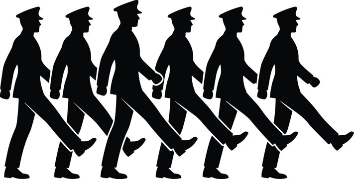 Black silhouette illustration of army soldiers marching in a straight line formation on isolated white background.