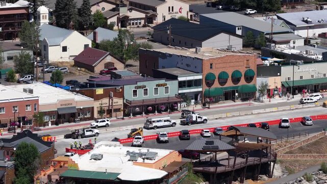 Aerial of historic main steet in Pagosa Springs Colorado with construction in downtown commercial district