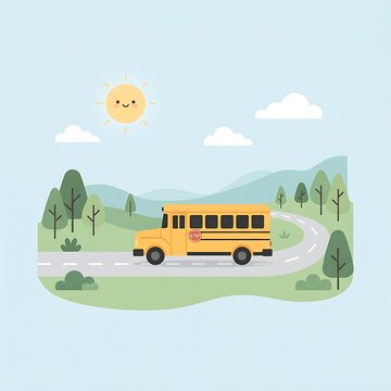 Yellow school bus driving in a green countryside landscape