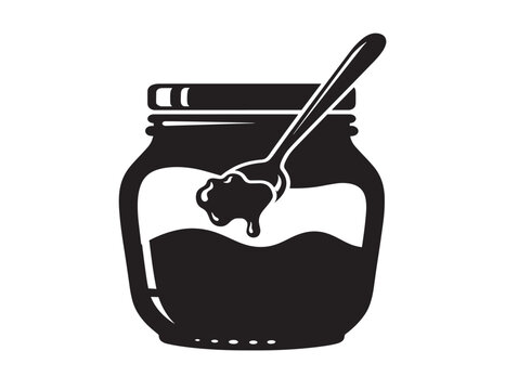 Chutney jar icon with spoon. Silhouette food condiment vector for kitchen menu design.