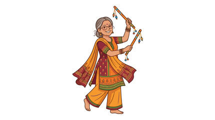 Fototapeta premium Elderly Woman Dancing with Sticks, Traditional Attire, Isolated