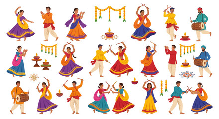 Fototapeta premium People Dancing Garba with Sticks and Drums