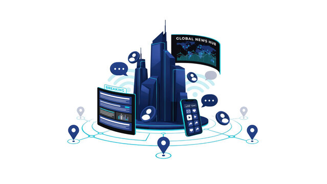 A futuristic digital city hub surrounded by global data connectivity and mobile news interfaces