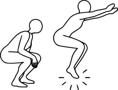 Squat Jump Exercise Instruction Vector &mdash; Person Doing Broad Jump Workout Technique Progression and Plyometric Training Diagram Isolated on White Background
