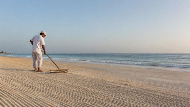 Man in white clothing raking clean sand on a pristine beach with gentle waves lapping at the shore under a clear blue sky during early morning light