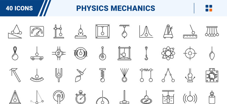 Physics line icon set. Vector pictograms of pendulum, oscillation, harmonic, and mechanics elements, thin linear illustration.