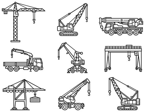 Outline set of various crane machines for construction and industrial lifting on isolated transparent background.