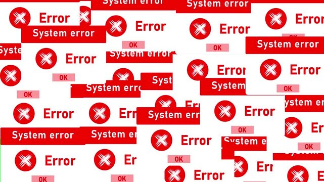 System error warning messages with red alert icons and blue notification banners creating chaotic computer malfunction concept for cyber secure, software troubleshooting, technology  .
