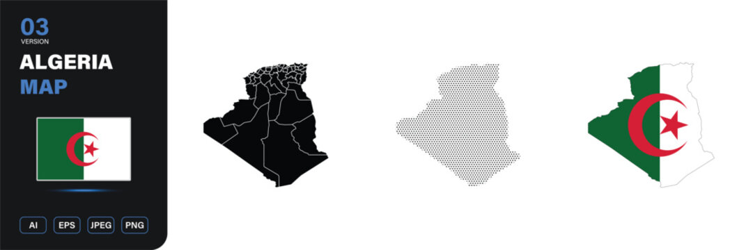 Algeria map flag province halftone editable vector set