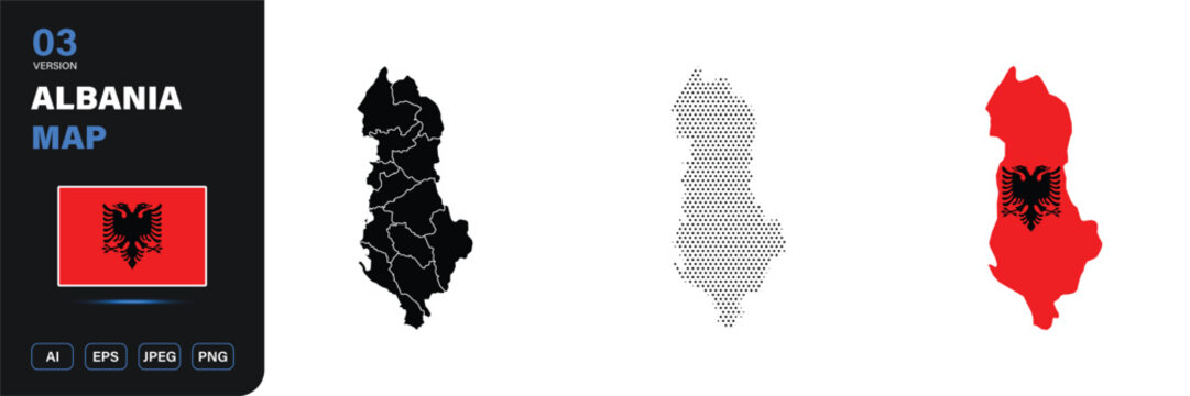 Albania map flag region halftone editable vector set