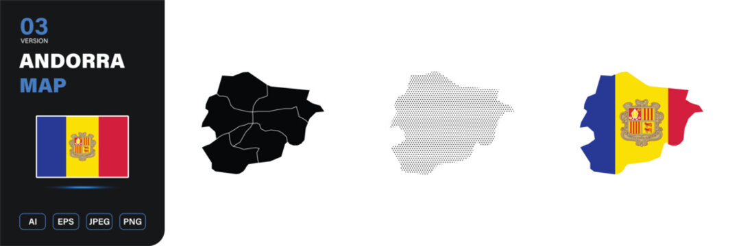 Andorra map flag province halftone editable vector set