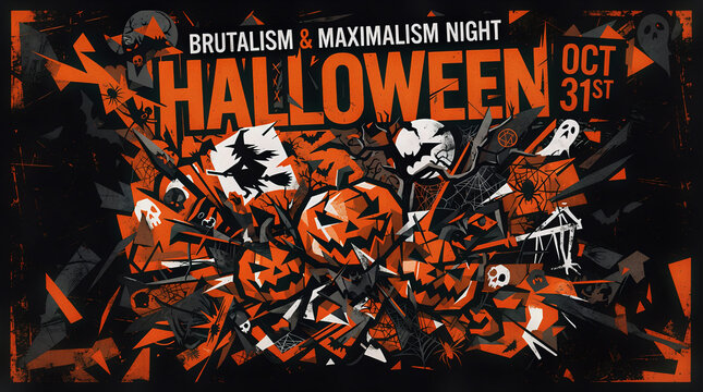 Maximalist Halloween banner with icons and elements in orange colors