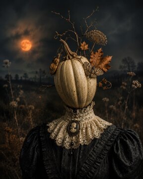 Surreal Victorian Woman with White Pumpkin Head Under an Autumn Moon