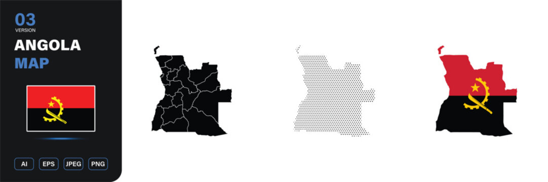 Angola map flag province halftone editable vector set