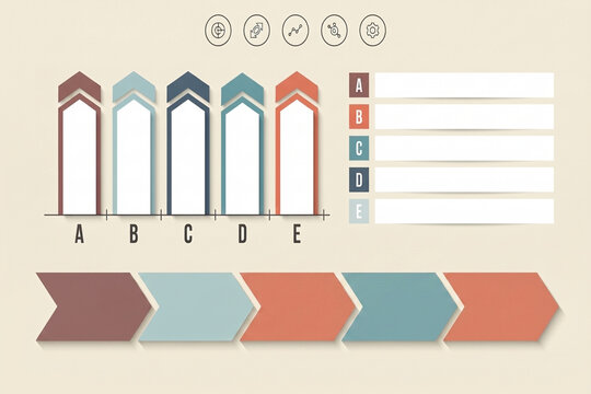 Clean infographic template with five upward arrows and a timeline for business data presentation