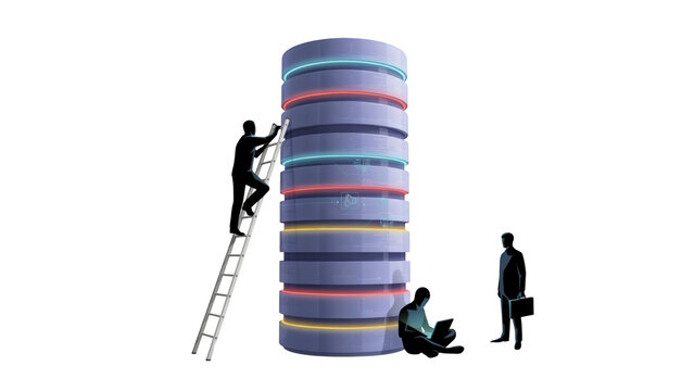 Silhouetted figures working on a large glowing futuristic server tower against a black background