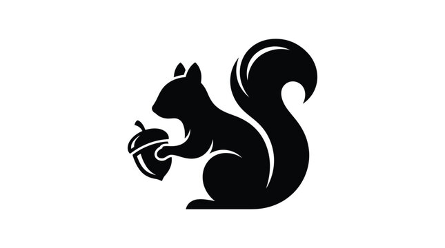 Minimalist black squirrel vector graphic holding a single oak acorn for creative nature brand logo design