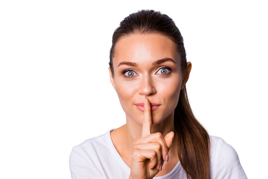 Close up photo beautiful amazing she her lady ideal appearance secret information hush finger lips mouth please stop talk tell speak chatterbox wear casual white t-shirt isolated grey background