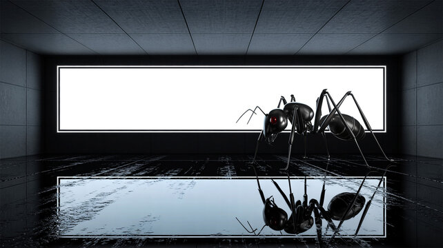 Giant black ant with red eyes in front of blank glowing screen