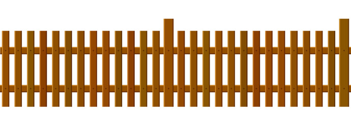 Plakat Seamless wooden picket fence background. Brown wood plank barrier for farm, park, backyard, frontward, garden, country field, palisade. Repeated rustic enclosure border. Vector illustration