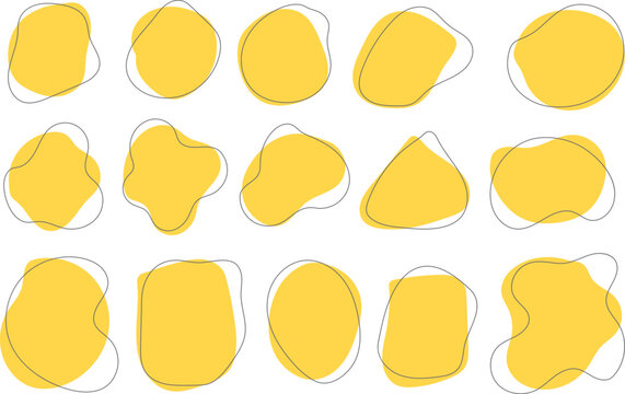 Abstract Organic Blob Shapes with Hand Drawn Outlines, Yellow Fluid Geometric Elements Set