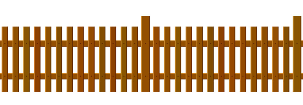Seamless wooden picket fence background. Brown wood plank barrier for farm, park, backyard, frontward, garden, country field, palisade. Repeated rustic enclosure border. Vector illustration