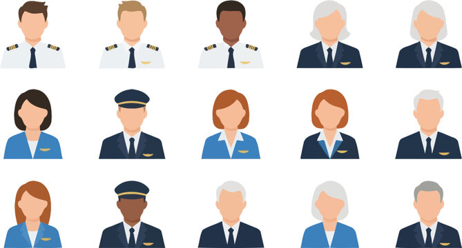 Diverse airline crew flat icons set