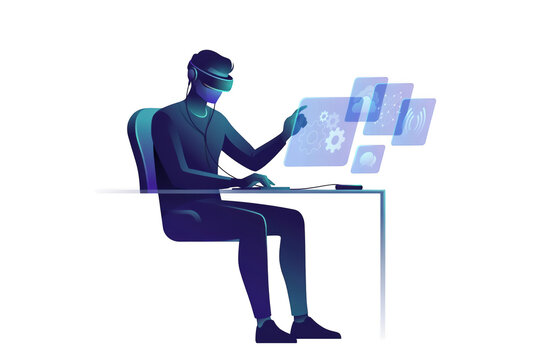A digital user interacting with holographic interface elements while wearing a virtual reality headset
