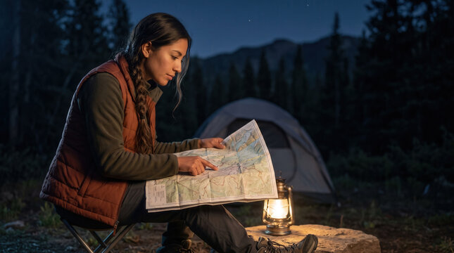 Woman Reading Hiking Map Beside Tent and Lantern at Night