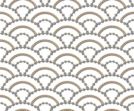 Seamless pattern with jewelry chains arranged in fan shaped ornament on transparent background. Blue gemstones, golden chains for luxury design