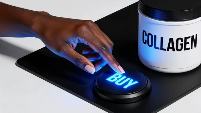 Close-up of a black woman's hand pressing a retail BUY button next to a large plastic tub of collagen powder. Instant online purchase and choosing the right premium collagen supplement concept