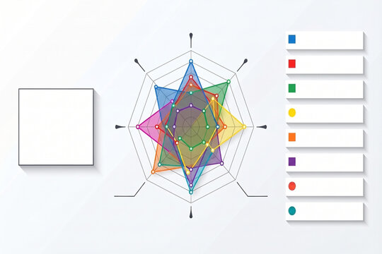 Abstract infographic elements with colorful radar charts and data points during a clean presentation