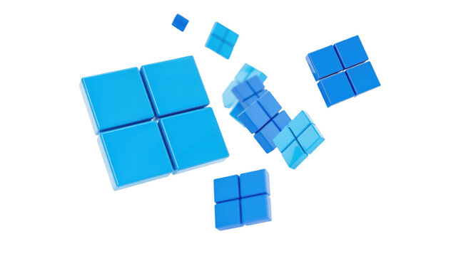A floating collection of glossy blue square tiles arranged in a modern abstract composition